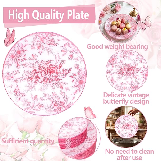 60PCS Pink Plastic Plates
