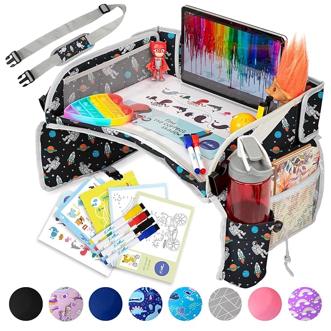PILLANI Kids Travel Tray for Car - Car Seat Tray for Kids, Roadtrip Essentials, Carseat Table Tray for Kids Road Trip Activities - Toddler Lap Desk Organizer for Airplane
