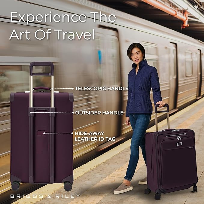 Briggs & Riley 26" Medium Expandable Spinner - Checked Luggage for Travel, Suitcases with Wheels, Softside Rolling Bag for Men & Women, Self-Repairing Zipper - Baseline Collection, Plum