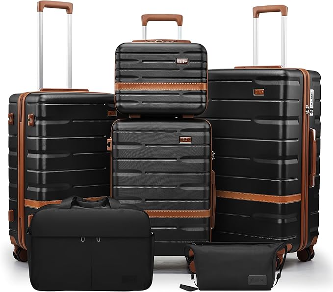 Luggage Sets, Suitcase with Spinner Wheels, PC+ABS Hardshell Travel Luggage Set with TSA Locks,Lightweight Rolling Luggage，Carry on suitcase with YKK Zippers (Black, 6 piece set(14/20/24/28/DB/TB))