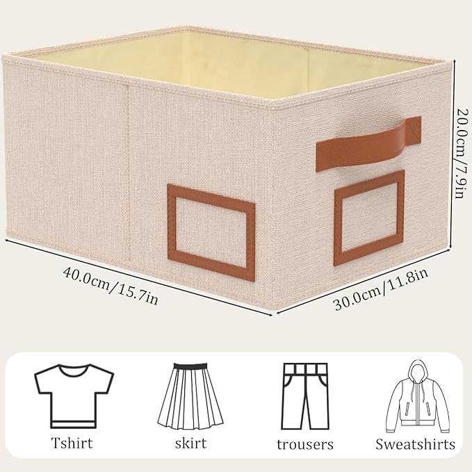 OUTBROS Foldable Storage Box for Shelves, 15.7 x 11.8 x 7.9 inch Fabric Baskets, Wardrobe Organiser with Handles, Suitable for Storing Clothes, Books, Cosmetics (Beige, 3-Pack)