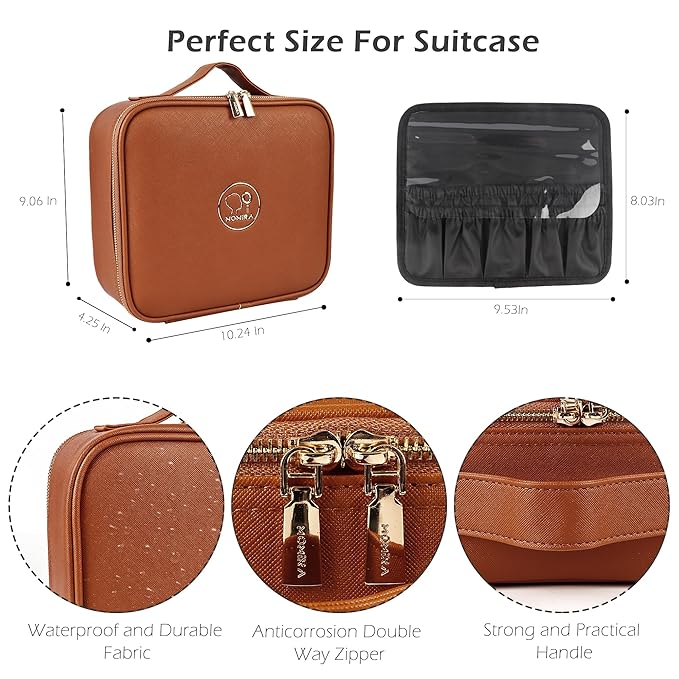 MOMIRA Travel Makeup Bag Cosmetic Bag Makeup Organizer Bag with Lighted Mirror, Adjustable Brightness in 3 Color Scenarios, Waterproof Makeup Train Case, Gift for Women - Tangerine Brown