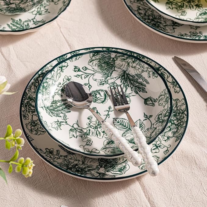 Ceramic Dinnerware Set, Floral Plates and Bowls Sets, Microwave & Dishwasher