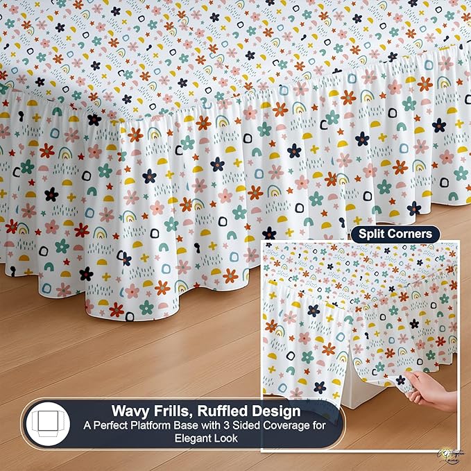 Cottington Lane Ruffled Bed Skirt Queen Size with Split Corner, Brushed Microfiber Hotel Quality Dust Ruffle, 14 Inch Drop Gathered Bedskirt, Soft, Stylish, Shrink & Fade Resistant, Rainbow Splash