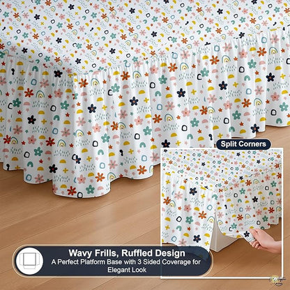 Cottington Lane Ruffled Bed Skirt Twin Size with Split Corner, Brushed Microfiber Hotel Quality Dust Ruffle, 14 Inch Drop Gathered Bedskirt, Soft, Stylish, Shrink & Fade Resistant, Rainbow Splash