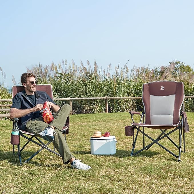 EVER ADVANCED Oversized Folding Camping Chair, for Adults Heavy Duty Lawn Chair with Side Pockets, Portable Collapsible Quad Chair for Outside, Support Up to 500lbs, Red