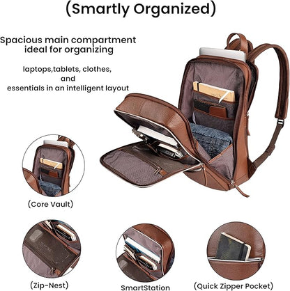 LEATHER VILLAGE Leather Laptop Backpack for Men |Brown | Slim Professional Business Bag Fits 15.6”-Laptop | Water-Repellent Work & Travel Daypack with Trolley Strap