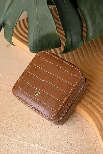 S.Leaf Travel Jewelry Box - Portable Case for Women - Mini Jewelry Organizer (12 Pattern Crocodile Brown 01)