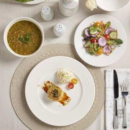 Tabletops Gallery Embossed Bone White Porcelain Round Dinnerware Collection-