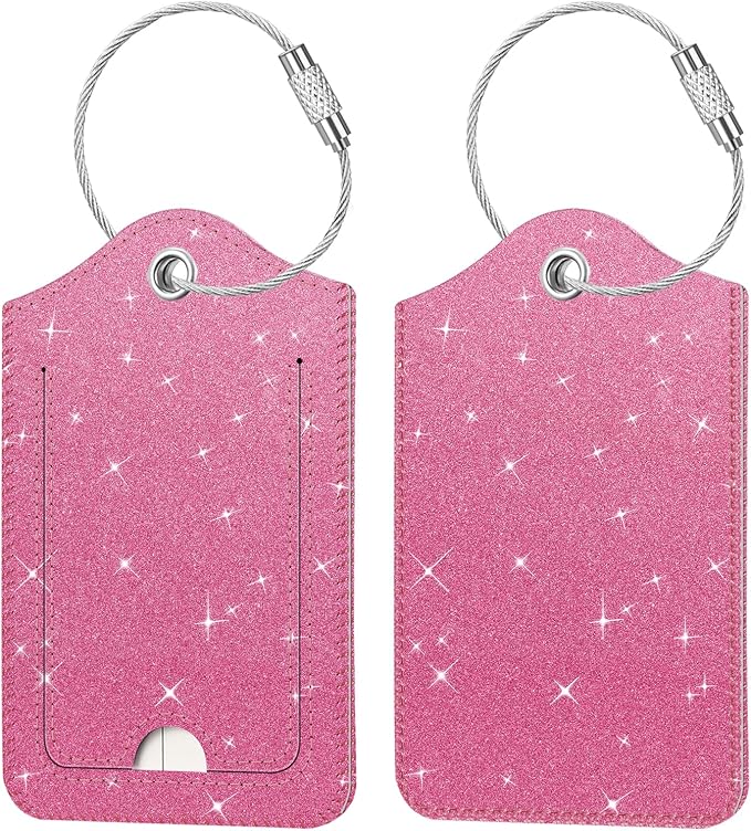 Fintie Luggage Tags, Privacy Cover ID Label with Stainless Steel Loop and Address Card for Travel Bag Suitcase - Sparkling Rose Red (2 Piece)