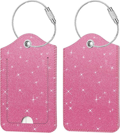 Fintie Luggage Tags, Privacy Cover ID Label with Stainless Steel Loop and Address Card for Travel Bag Suitcase - Sparkling Rose Red (2 Piece)