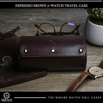 2 Watch Travel Case for Men Vegan Leather Watch Roll Case Organizer and Display - Elegant Gift - Espresso Brown Vegan Leather