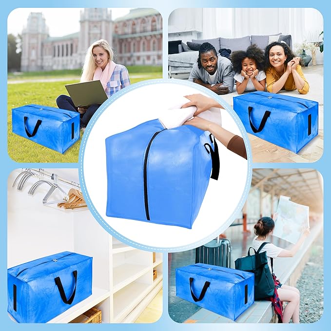 4 Pack Large Strong Moving Bags with Zippers & Carrying Handles - Water-Resistant - Heavy Duty Storage Tote for Space Saving, Fold Flat, Alternative to Moving Box (Sky Blue)