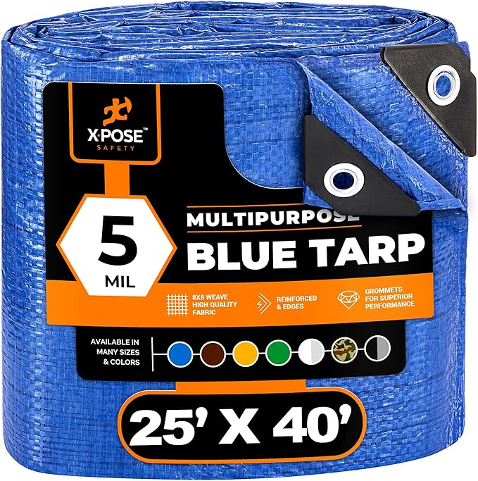 Better Blue Poly Tarp 25' x 40' - Multipurpose Protective Cover - Lightweight, Durable, Waterproof, Weather Proof - 5 Mil Thick Polyethylene - by Xpose Safety