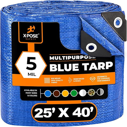 Better Blue Poly Tarp 25' x 40' - Multipurpose Protective Cover - Lightweight, Durable, Waterproof, Weather Proof - 5 Mil Thick Polyethylene - by Xpose Safety