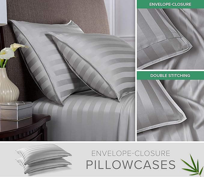 Pure Bamboo King Sheets, Genuine 100% Organic Viscose Derived from Bamboo Bed Sheet Set, Luxuriously Soft & Cooling, Double Stitching, 2 Year Quality Promise (King, Jacquard Silver)