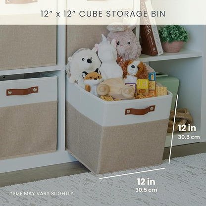 OrganiHaus 12x12 Fabric Storage Bins - Set of 4, Cube Fabric Organizer Bins with Vegan Handles, Kallax Storage Cubes, Cubbies Organizer Boxes, 12Inch Cubic Baskets for Shelves - Beige/White
