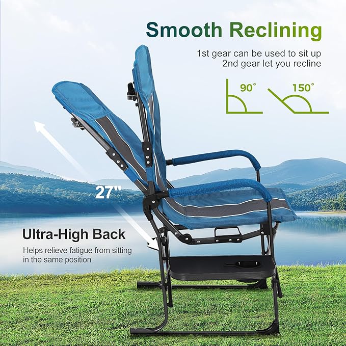 ALPHA CAMP Oversized Folding Camping Chairs High Backrest Reclining Director Heavy Duty Lawn Chairs for Adults Support 300 LBS Fishing Chairs with Large Side Table Cup Holders for Outdoor Fishing