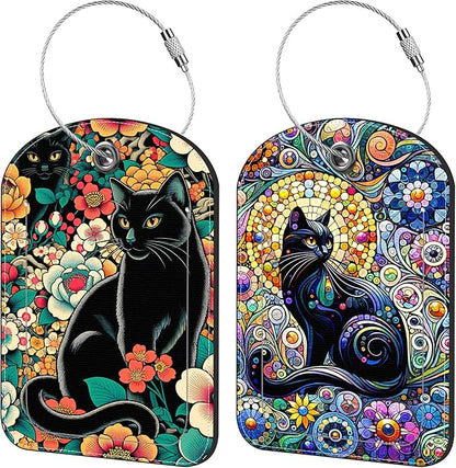Black Cat and Flower Luggage Tag for Suitcase Set of 2 PU Leather Cute Luggage Tags with Stainless Metal Loop ID Label Privacy Flap Suitcase Tags for Women and Men Travel