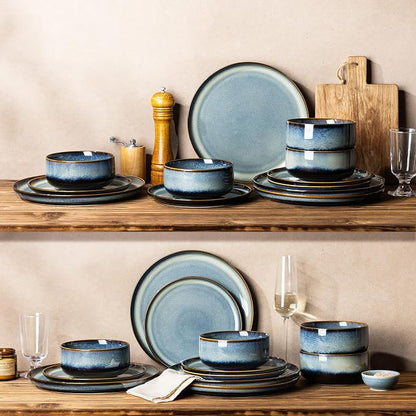 Ceramic Dinnerware Set for 4, 12-Piece Plates and Bowls Set | Handmade Reactive