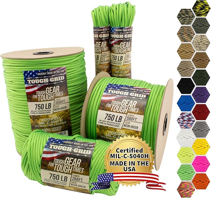 TOUGH-GRID 750 Paracord Rope Nylon Parachute Cord, Made in USA Survival Kit, Outdoor Adventures, Camping, Tactical Gear & Emergency Supplies, Military Type IV Mil-Spec