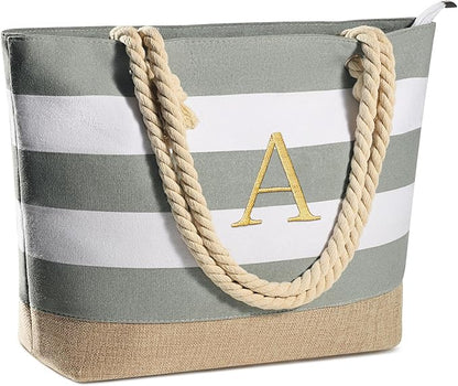 YOOLIFE Initial Canvas Waterproof Beach Tote Bag Zipper Personalized Gifts for Women Her Birthday Travel Beach Essential