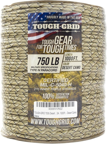 TOUGH-GRID 750 Paracord Rope Nylon Parachute Cord, Made in USA Survival Kit, Outdoor Adventures, Camping, Tactical Gear & Emergency Supplies, Military Type IV Mil-Spec