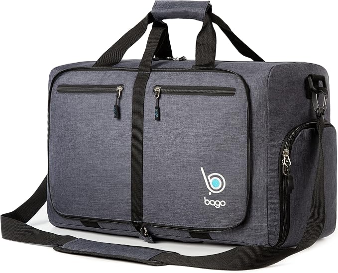 Bago Foldable Duffel Bags for Traveling Women & Men - 40L Sports Packable Duffle Bag for Travel with Shoe Compartment - Water Repellant, Heavy Duty, Lightweight Folding & Collapsible (SnowBlack)
