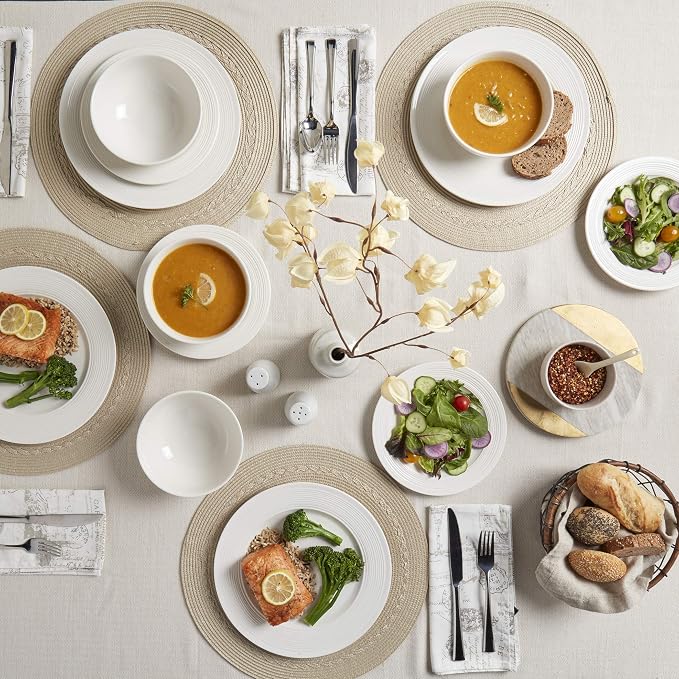 Tabletops Gallery Embossed Bone White Porcelain Round Dinnerware Collection-