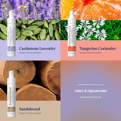 Relax & Rejuvenate Variety 3pk Hand Sanitizer | Cardamom Lavender Lotion, Tangerine Coriander Spray, Sandalwood Lotion | Travel Size | Made with Aloe Vera & Essential Oils | Rich in Vitamin E