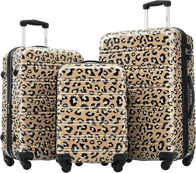 Merax Luggage Sets 3 Piece, Hardside Expandable Suitcase Set with Spinner Wheels, Lightweight Leopard Luggage 20+24+28 IN,Leopard Brown