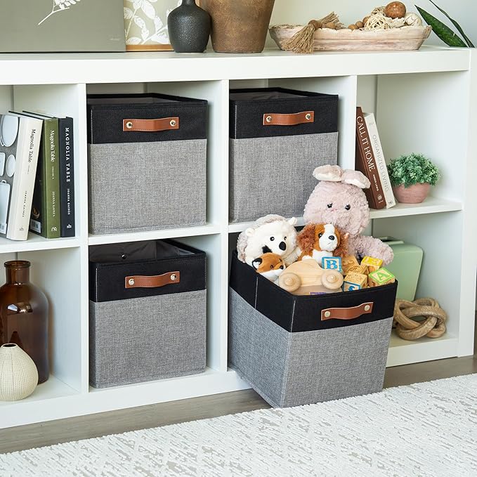 OrganiHaus 11x11 Cube Storage Bins - Set of 4, Fabric Cubby Bins with Vegan Handles, Square Storage Cubes in Gray/Black