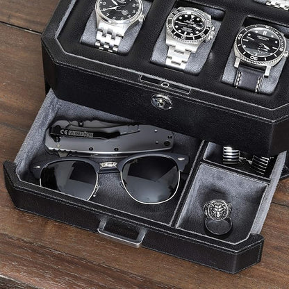 ROTHWELL Gift Box with 6 Slots Leather Watch Box and 2 Watches Travel Case - Storage Box Holder with Glass Top (Black/Grey Gift Box)