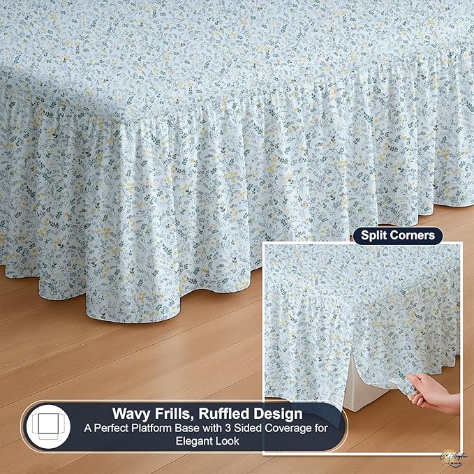 Cottington Lane Ruffled Bed Skirt Twin Size with Split Corner, Brushed Microfiber Hotel Quality Dust Ruffle, 12 Inch Drop Gathered Bedskirt, Soft, Stylish, Shrink & Fade Resistant, Garden Bloom