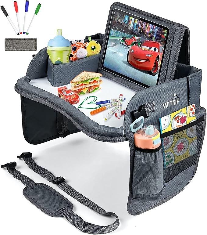 Kids Travel Tray with Dry Erase Board - Car Seat Tray for Kids Travel, Carseat Table Top for Toddler, Lap Desk for Car Seat, Activity Organizer & Snack Holder, Road Trip Essentials for Kid (Gray)