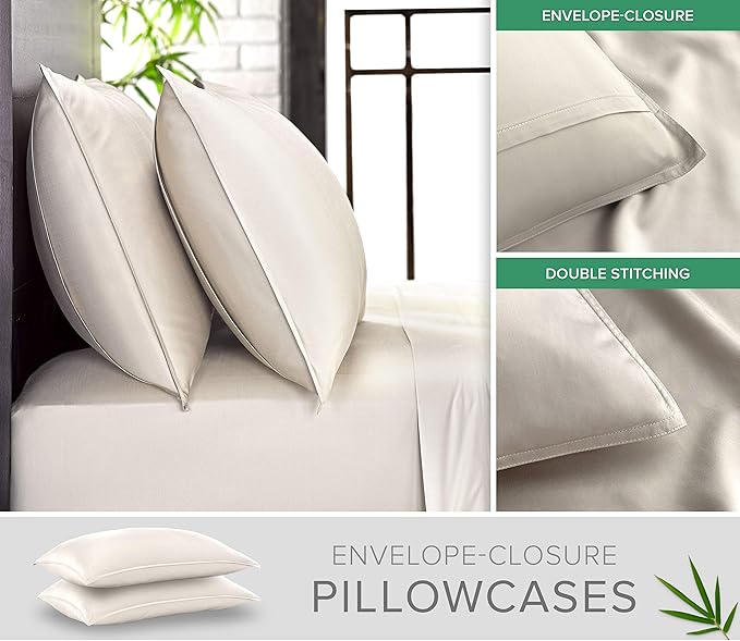 Pure Bamboo Twin Sheets, Genuine 100% Organic Viscose Derived from Bamboo Bed Sheet Set, Luxuriously Soft & Cooling, Double Stitching, 2 Year Quality Promise (Twin, Ivory)