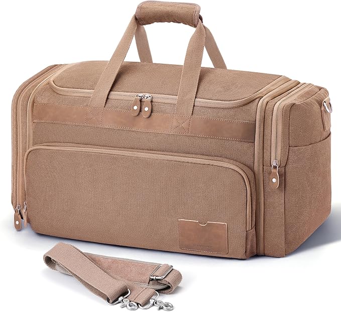 SHOWKOO Duffle Bag for Travel 60L Expandable Canvas Travel Bag Durable Vintage Weekender Overnight Carry On Bag for Men(Khaki)