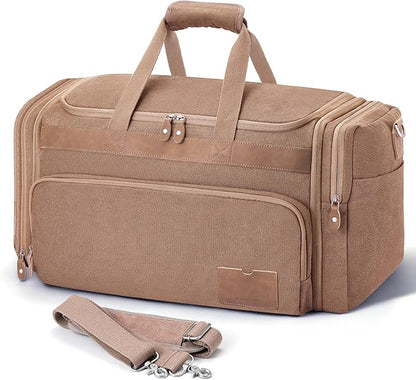 SHOWKOO Duffle Bag for Travel 60L Expandable Canvas Travel Bag Durable Vintage Weekender Overnight Carry On Bag for Men(Khaki)