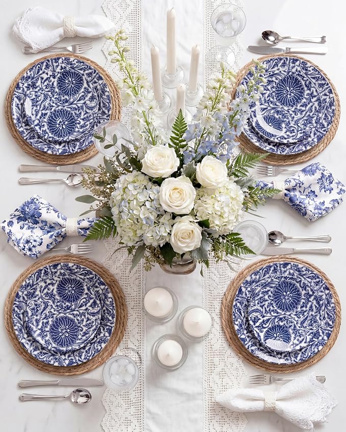 Blue Plastic Plates, Floral Disposable Plates, anniversaries, or holidays.