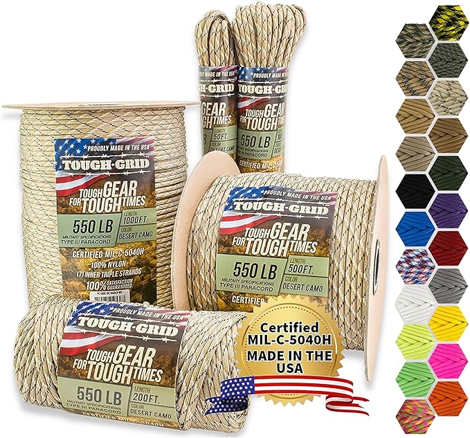 TOUGH-GRID 550 Paracord Rope Nylon Parachute Cord, Made in USA Survival Kit, Outdoor Adventures, Camping, Tactical Gear & Emergency Supplies, Military Type III Mil-Spec