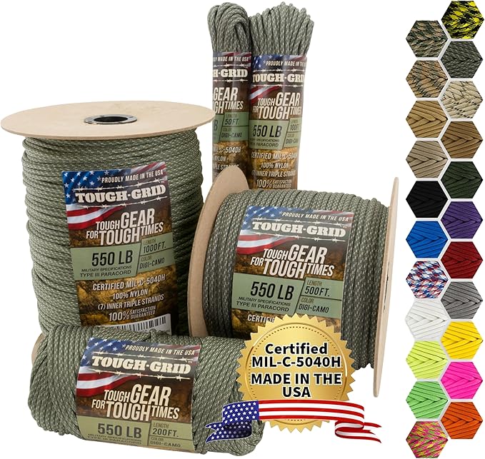 TOUGH-GRID 550 Paracord Rope Nylon Parachute Cord, Made in USA Survival Kit, Outdoor Adventures, Camping, Tactical Gear & Emergency Supplies, Military Type III Mil-Spec