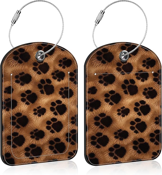Brown Black Animal Print Paw Prints Leather Luggage Tag for Suitcase 2 Pack Luggage Tag with Privacy Name ID Label and Stainless Steel Loop for Travel Bag Suitcase