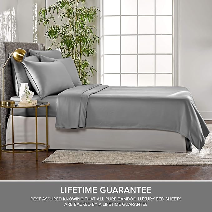 Pure Bamboo Split King Sheets, Genuine 100% Organic Viscose Derived from Bamboo Bed Sheet Set, Soft & Cooling, Double Stitching, 2 Fitted Sheets (Split King, Stone Grey)