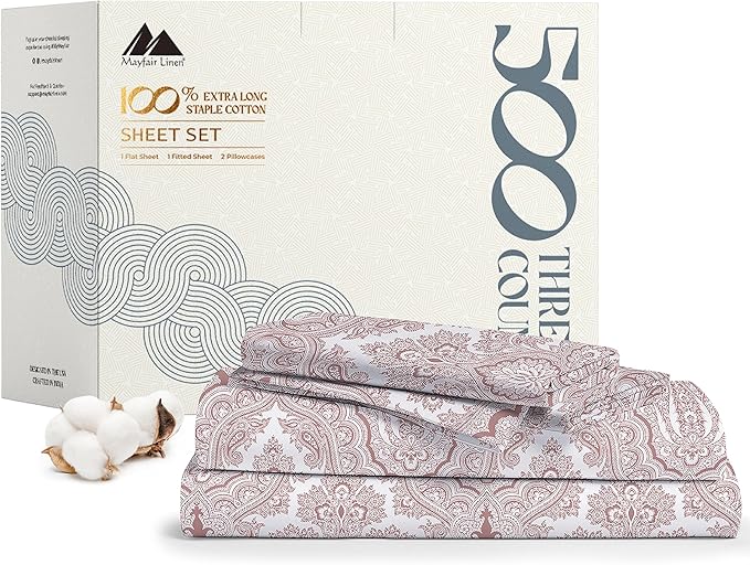 Mayfair Linen 100% Cotton Printed Bed Sheets Twin XL Set - 500 Thread Count Cotton Twin XL Sheets Only, 3 PC Set (Paisley Print), Soft, Cooling, Sateen Weave 16" Deep Pocket Dorm Room Bedsheet