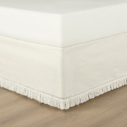 Lush Decor Boho Fringe 15-Inch Tailored Drop Easy Fit Bedskirt, Queen, Off-White