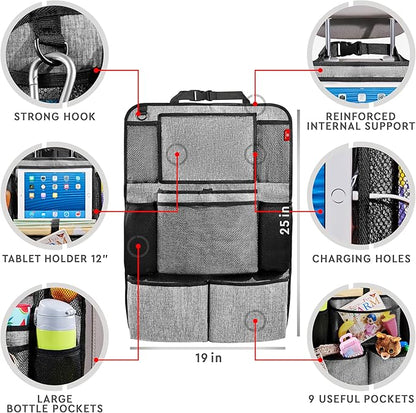 Helteko Backseat Car Organizer, Kick Mats Back Seat Protector with Touch Screen Tablet Holder, Organizer for Kids, Travel Accessories, Mat 9 Storage Pockets 2 Pack