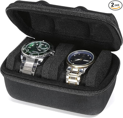 Hard Compact Watch Roll travel case, 2 Slots Portable holder and Organizer with Soft Pillow, keep watch from moving(fit up to 55 mm)