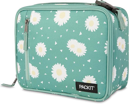 PackIt Freezable Classic Lunch Box, Daisy Sage, Built with ECOFREEZE Technology, Collapsible, Reusable, Zip Closure With Zip Front Pocket and Buckle Handle, Designed for Fresh Lunch On the Go