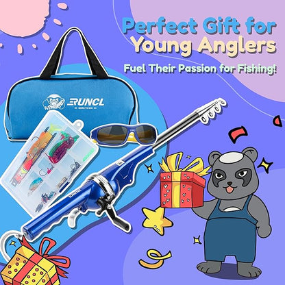 RUNCL Kids Fishing Pole - Portable Folding Fishing Rod and Reel Combo Kit with Spincast Fishing Reel, Kids Sunglasses, Tackle Box, Travel Bag, Gift for Youth