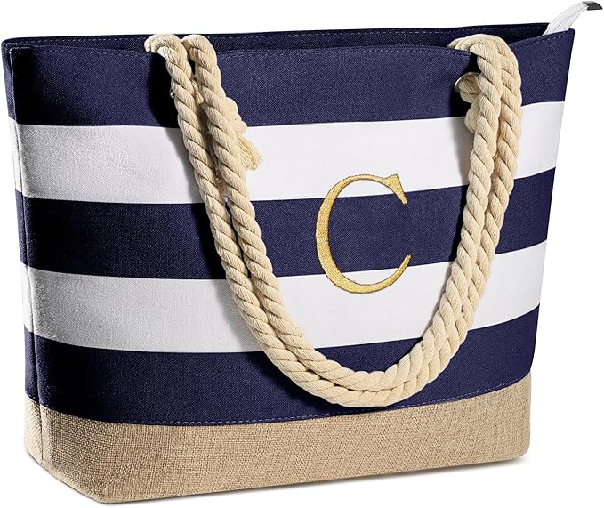 YOOLIFE Initial Canvas Waterproof Beach Tote Bag Zipper Personalized Gifts for Women Her Birthday Travel Beach Essential